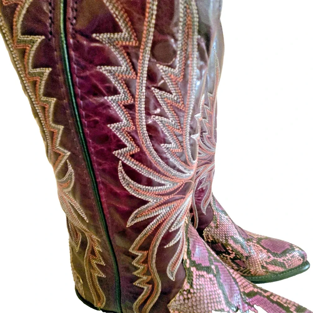 VINTAGE Rare CODE WEST Purple Snakeskin Western Leather COWBOY BOOTS 7.5